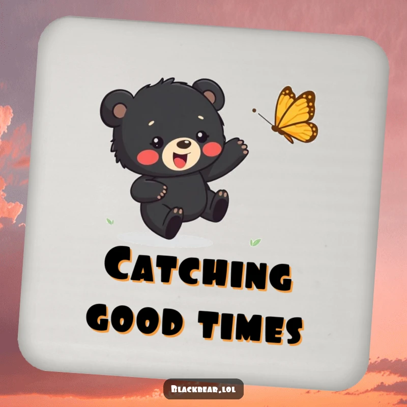 Funny coaster featuring a black bear cub happily chasing a butterfly, protecting surfaces with playful and joyful imagery.