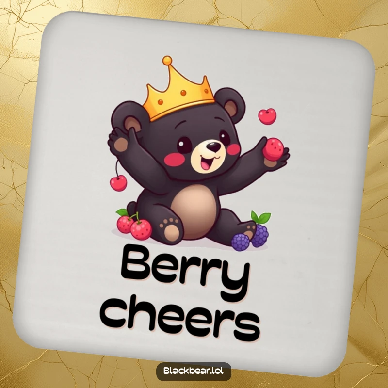 Funny Bear Cub Coaster: Charming black bear cub with a crown playfully juggles berries, offering skillful fun and surface protection.