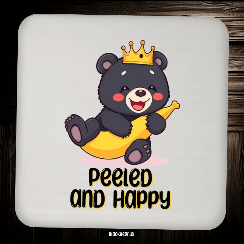 Funny crowned black bear cub slipping on a banana peel, adding a humorous touch to this drink coaster.