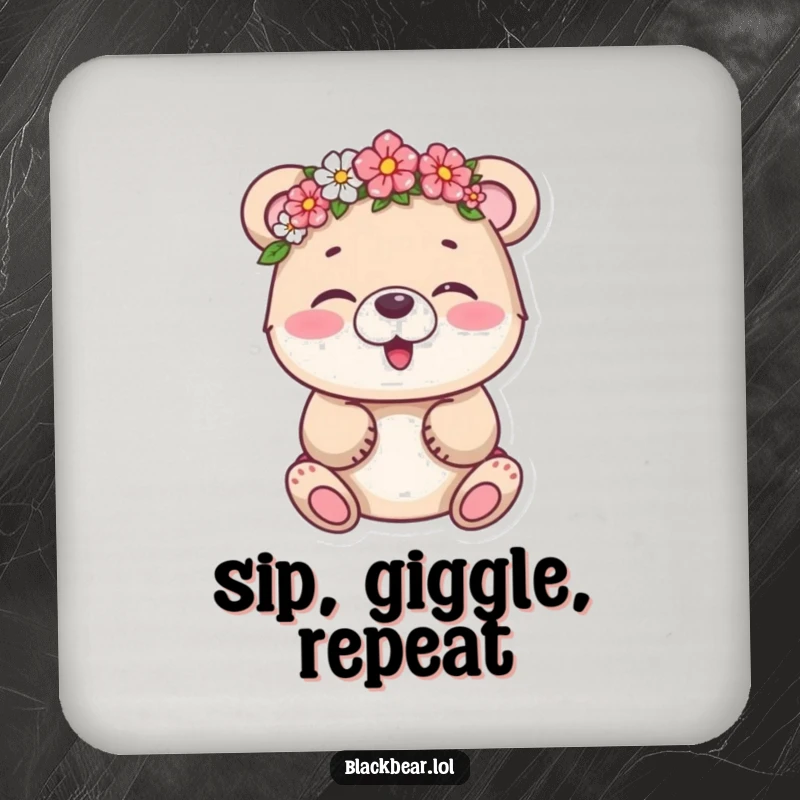 Funny bear cub giggling under a floral crown, printed on a drink coaster, offering protection and humor.