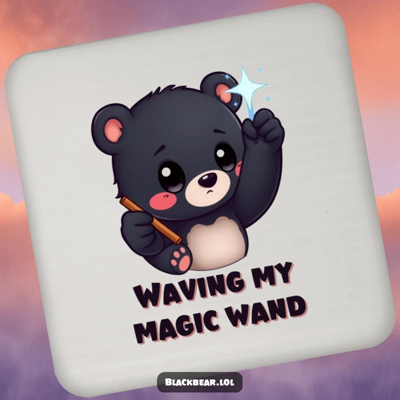 Funny black bear cub with curious eyes reaching for a sparkling wand, printed on a drink coaster, offering protection and magic.