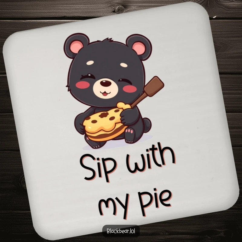 Funny Drink Coaster showing a black bear cub winking and holding a stolen pie, adding a touch of playful mischief.