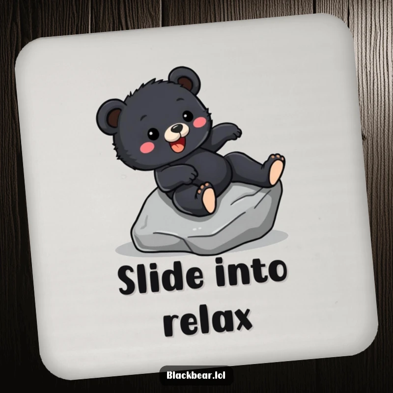 Funny Drink Coaster showing a black bear cub sliding down a rock with excitement, adding a touch of adventurous fun.