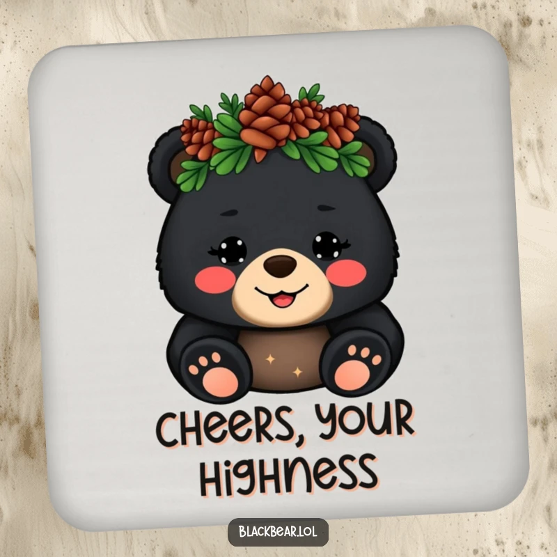 Funny Drink Coaster: Cheerful black bear cub with a pinecone crown waves hello, adding humorous charm to tabletops.