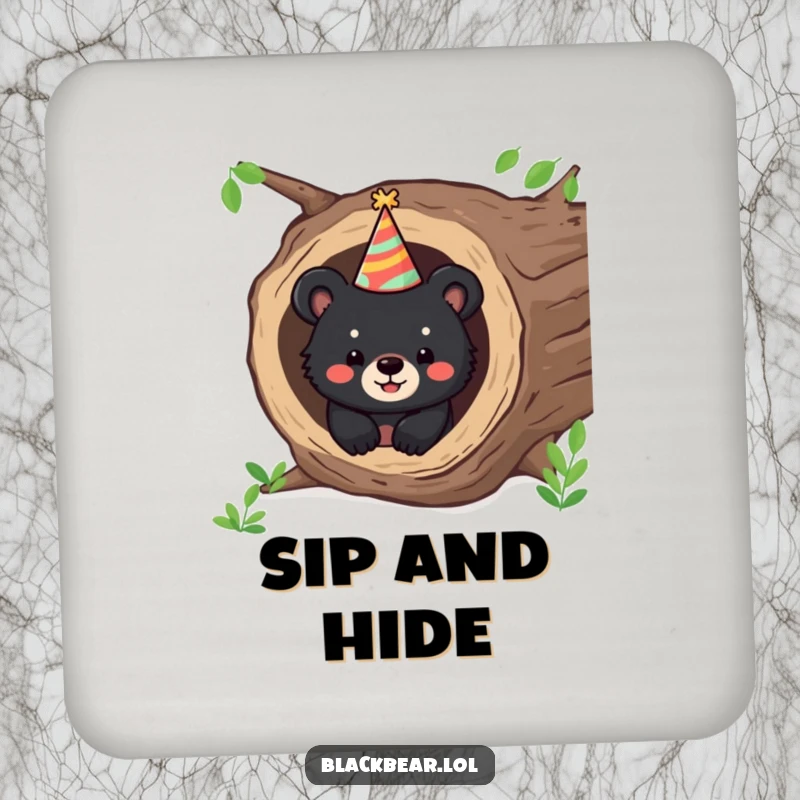 Funny drink coasters featuring a happy bear cub peeking from a hollow log wearing a party hat, adding festive humor.