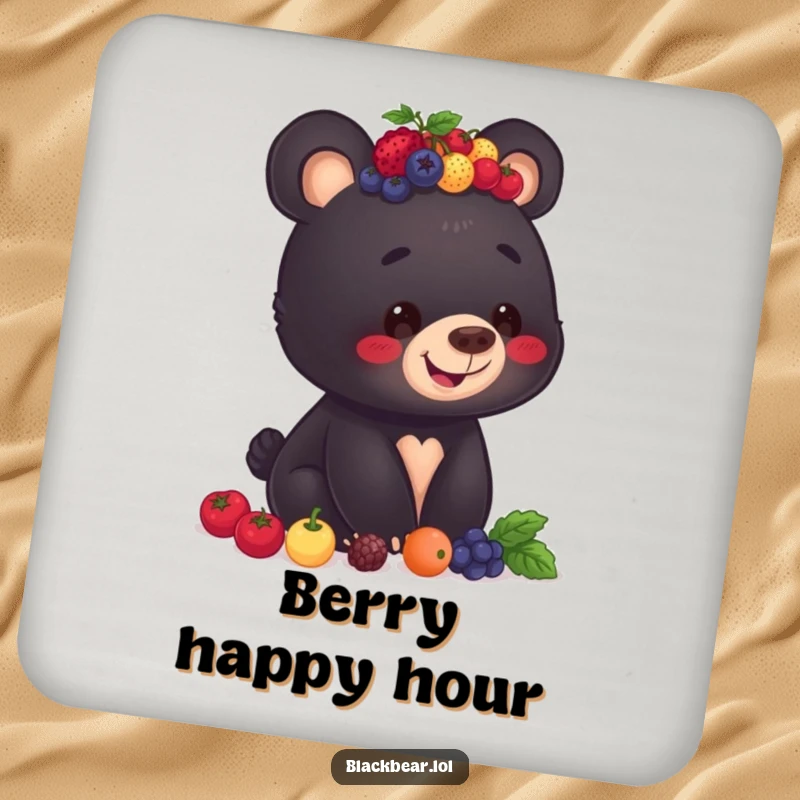 Funny coasters showing a smiling black bear cub balancing a stack of berries on its head, protecting surfaces with charm.