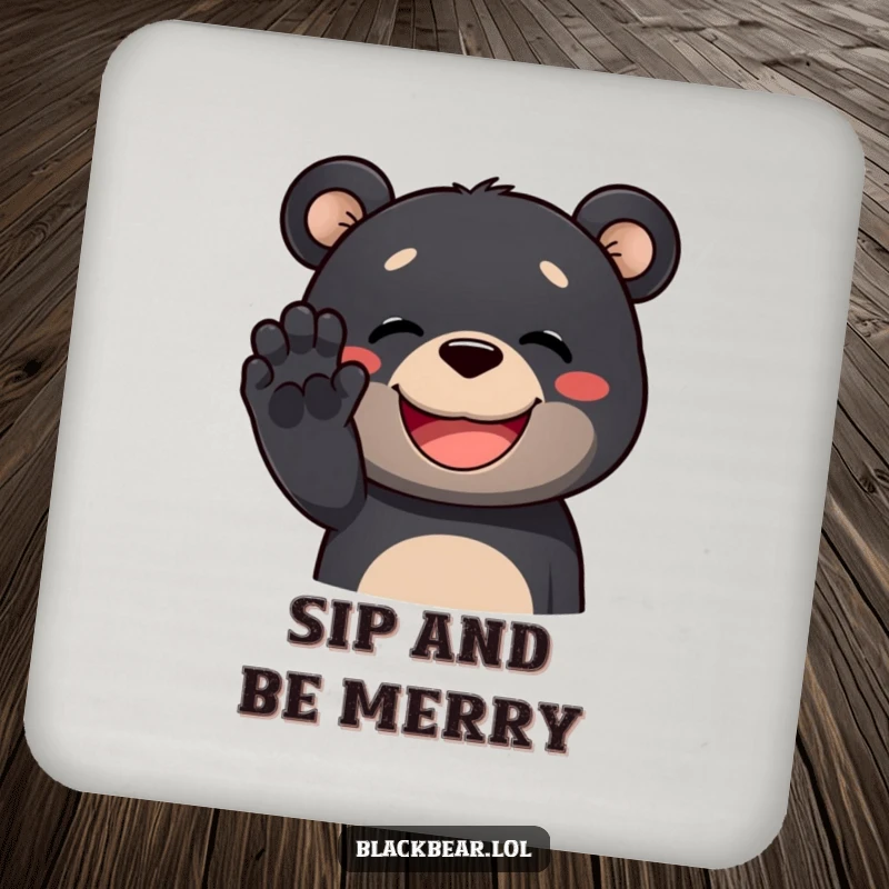 Funny black bear coaster depicting a happy bear waving its paw with a big grin, protecting surfaces humorously.
