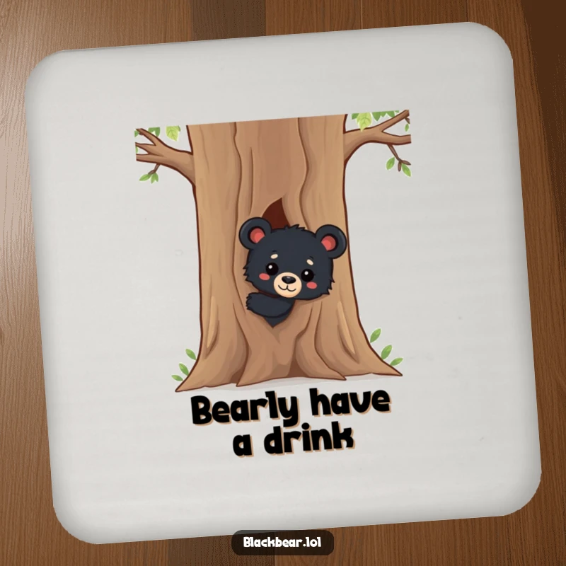Funny Black Bear Cub Coasters: A set of coasters featuring a curious black bear cub peeking from behind a tree, adding a touch of forest fun to your table.