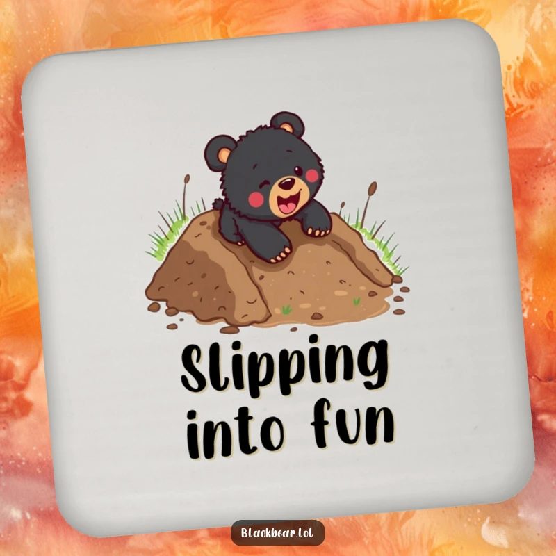 Funny black bear cub sliding down a muddy hill, printed on a durable coaster, adding a touch of wild humor to any table.