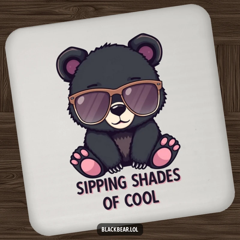 Funny drink coaster featuring a black bear cub wearing oversized sunglasses, adding a cool touch to any surface.
