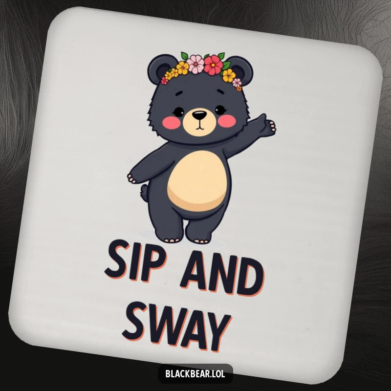 Funny coasters showing a black bear in a flower crown doing a clumsy, graceful dance, adding humor and protecting surfaces.