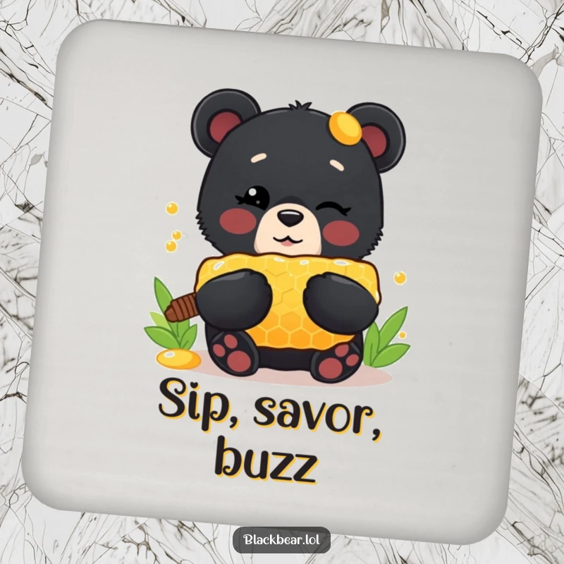 Funny Drink Coaster: Cute black bear cub winking, holding a giant honeycomb, adding sweet humor to drink service.