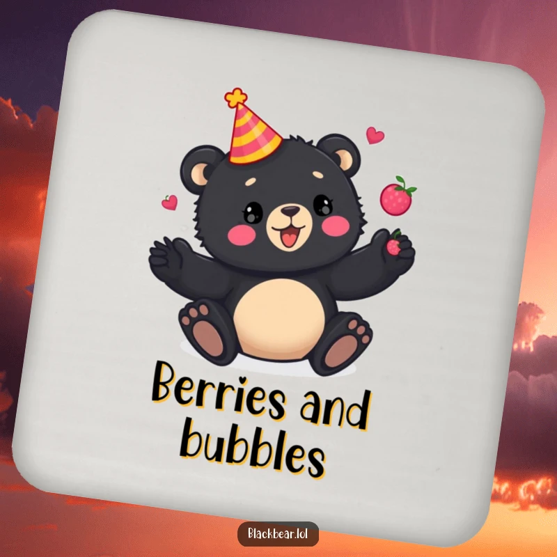 Funny Drink Coaster: Playful black bear cub in a party hat, juggling berries, adding festive humor to drink service.