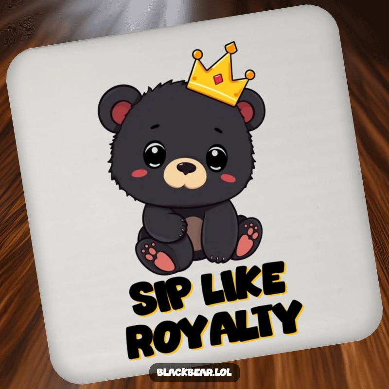 Funny drink coasters with a black bear cub wearing a tiny crown and looking surprised, offering a protective and amusing addition.