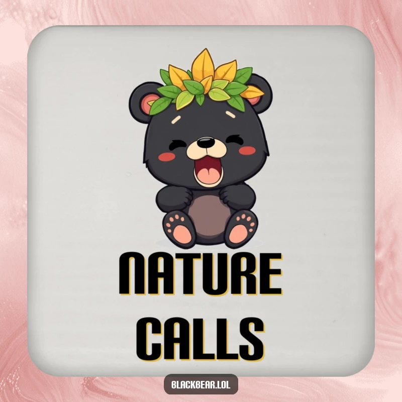 Cute drink coaster featuring a black bear cub with a leaf crown giving a playful roar, protecting surfaces with woodland charm.
