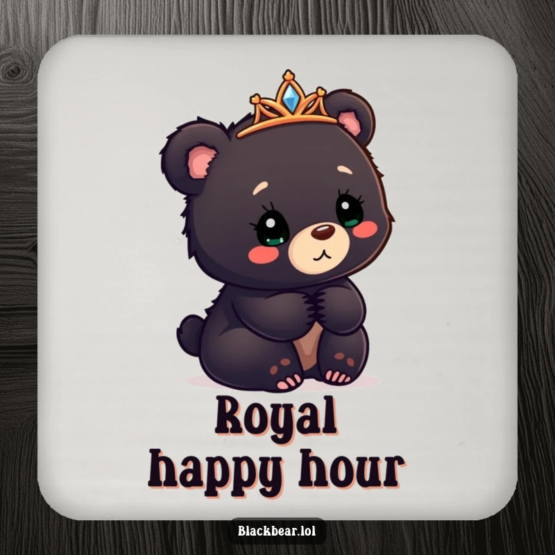 Funny black bear cub drink coaster with a tiara askew, looking confusedly delighted, for surface protection.
