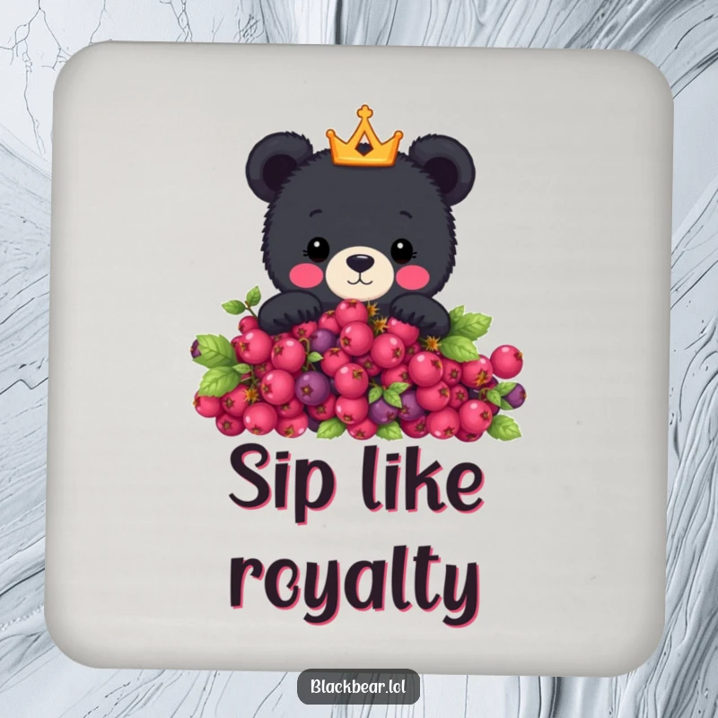 Funny coaster featuring a cute black bear wearing a tiny crown peeking over a berry bush, protecting surfaces with regal humor.