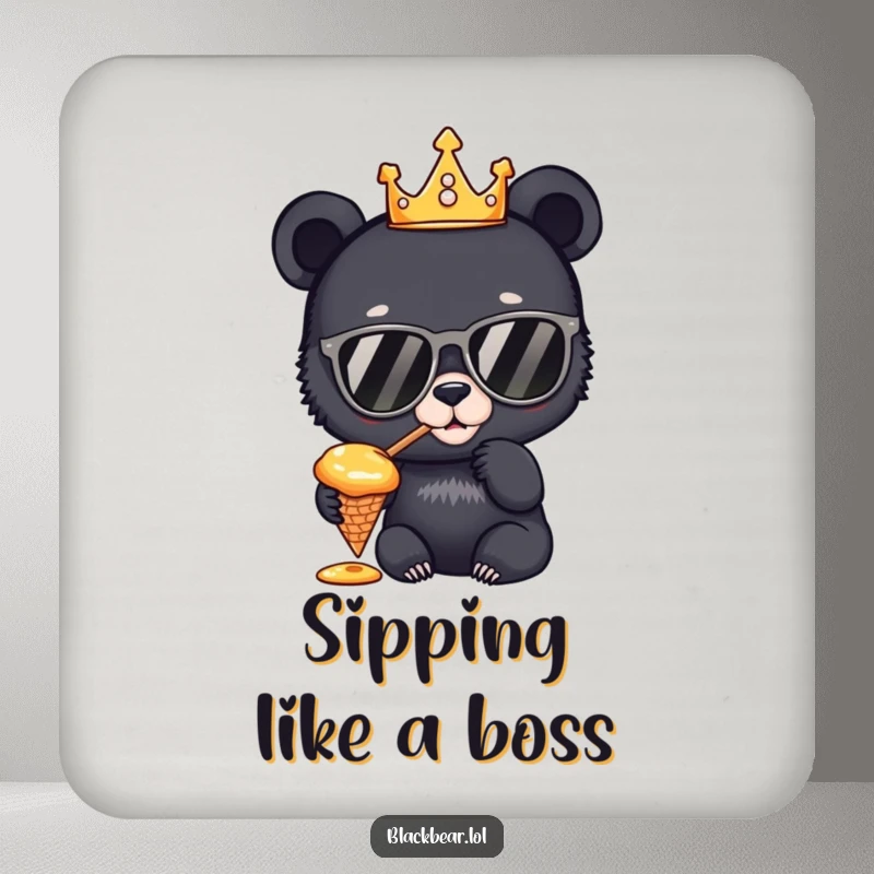 Funny Drink Coaster: A black bear cub king with crown and sunglasses, tasting honey from a cone, adding regal charm while protecting surfaces.