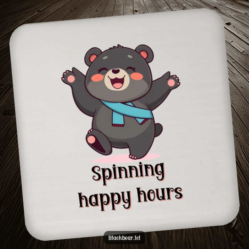 Funny black bear cub coaster, a smiling cub with a sash, performing a cartwheel, adding energetic humor to tabletops.
