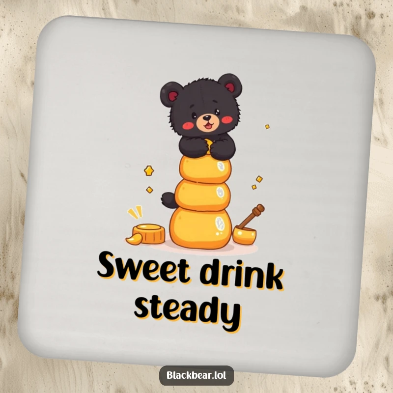 Funny Drink Coaster showing a black bear cub hilariously balancing honey pots, adding a touch of sweet fun.