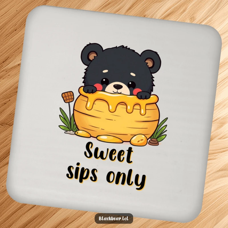 Funny coasters depicting a mischievous black bear cub peeking out from behind a large honey pot, adding sweet charm.
