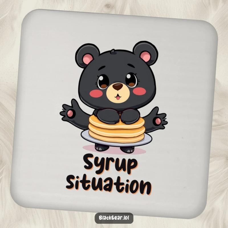 Funny drink coasters featuring a big eyed bear comically balancing a stack of pancakes, adding breakfast humor.