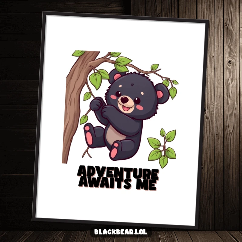 Funny black bear cub poster print of a cub playfully tugging on a dangling vine, evoking childlike wonder.