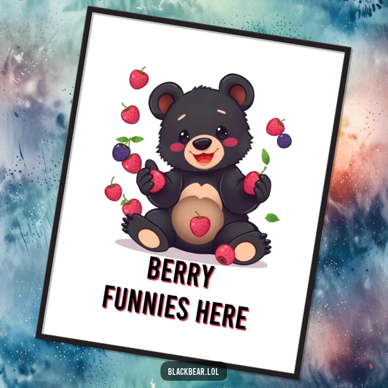 Funny Poster of a black bear cub with a big grin, hilariously failing at juggling multiple bright red berries.