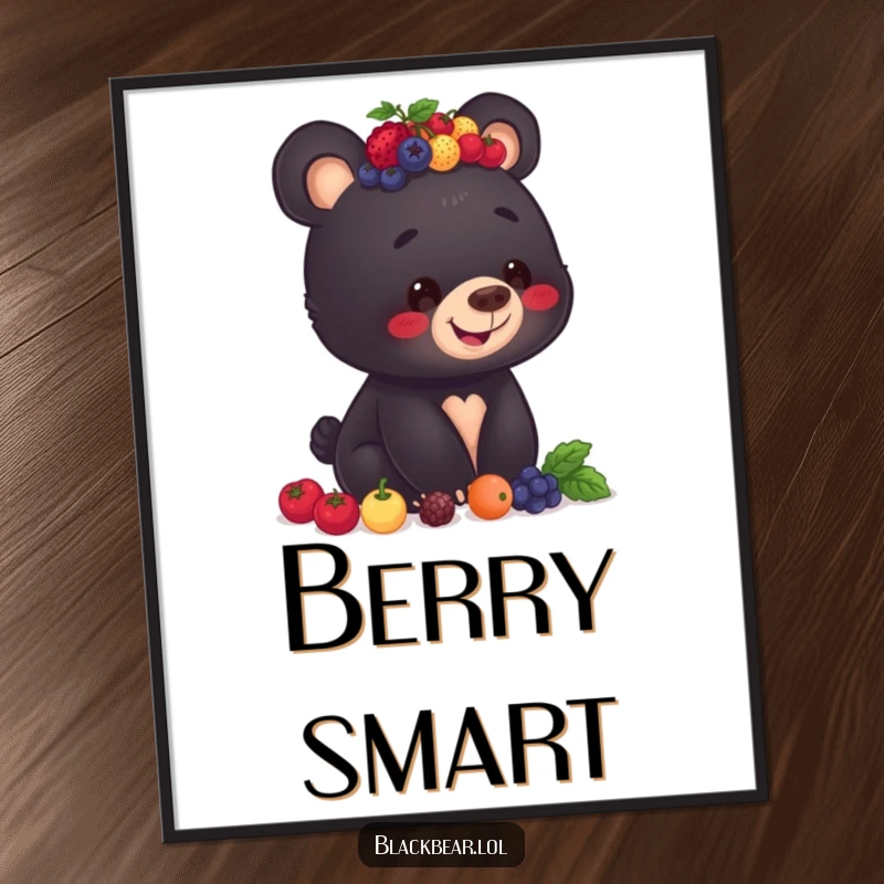 Funny poster art of a smiling black bear cub carefully balancing a pile of assorted berries on its head.