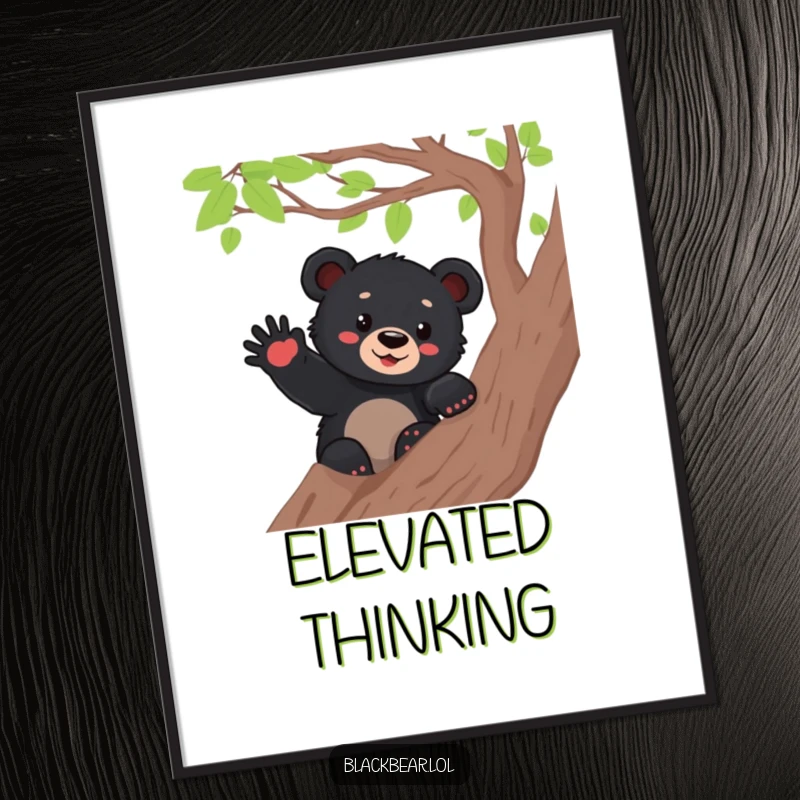 Funny black bear cub waving enthusiastically from a high tree branch, creating a charming and cheerful piece of wall art.