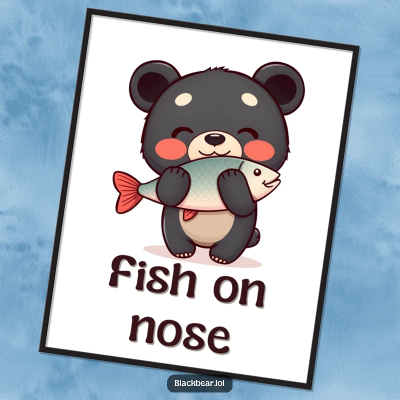 Funny Poster: A happy black bear cub balances a fish on its nose with a cheerful expression, creating a humorous and eye-catching display.