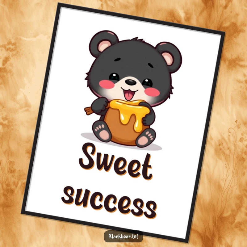 Funny poster art of a black bear cub humorously stuck in a small honey pot, conveying a sweet and joyful, sticky situation.