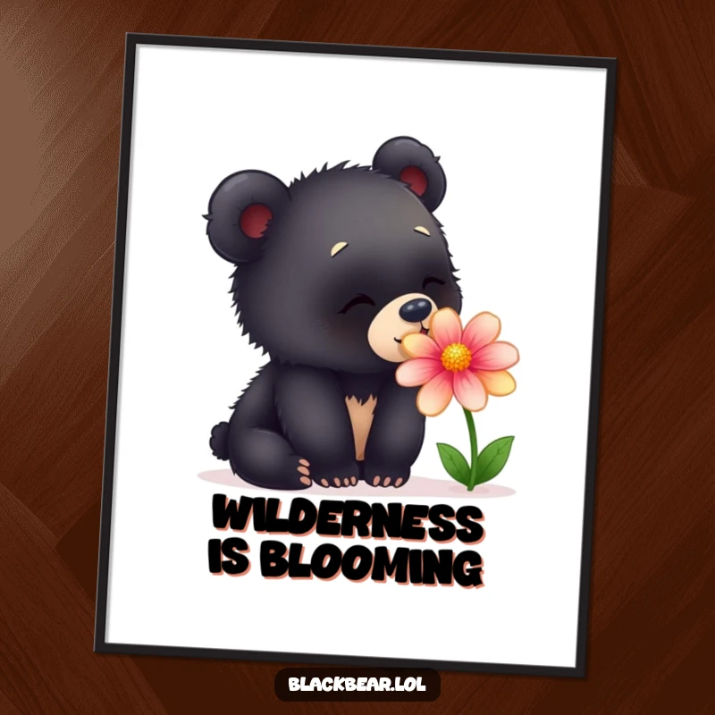 Funny poster art depicts a young black bear cub in an enchanted moment, sniffing a vibrantly colored flower with pure curiosity.