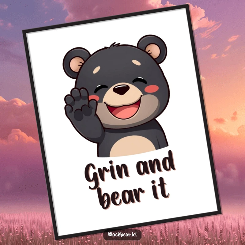 Funny black bear poster print showing a black bear with a wide, ecstatic grin, waving its paw, bringing joy and humor.