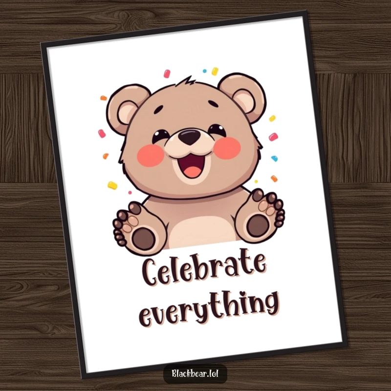 Funny bear cub with a joyful expression tossing colorful confetti in the air, displayed as a festive art print poster.