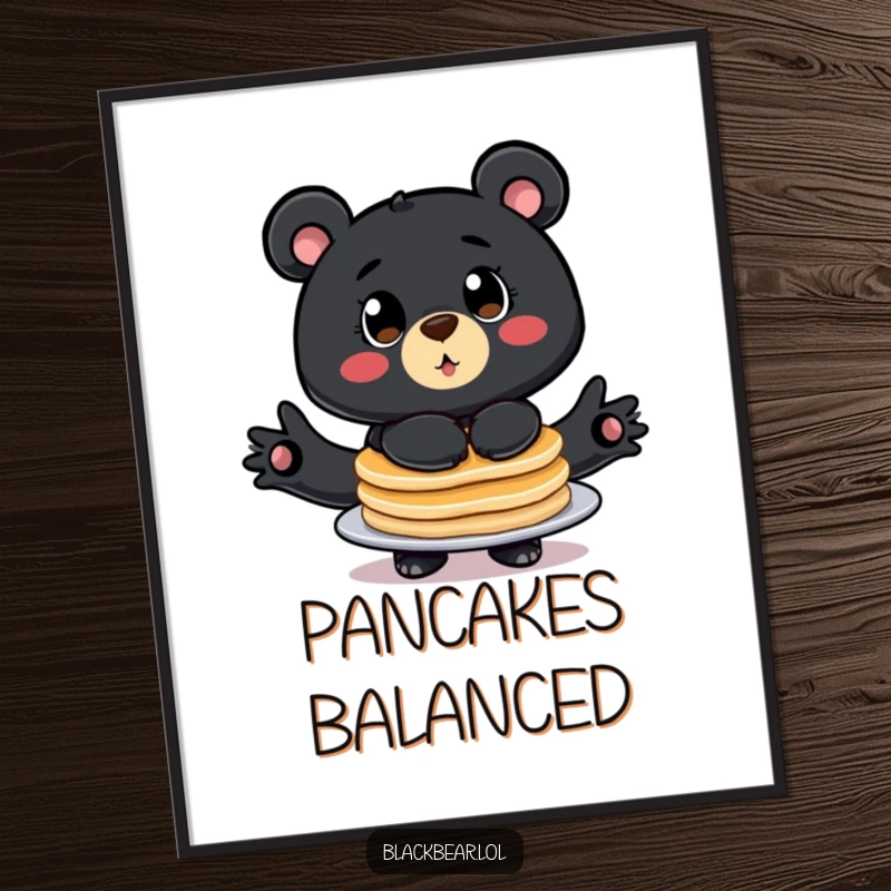 Funny poster art of a stylized black bear with big eyes, comically balancing a tall stack of pancakes.