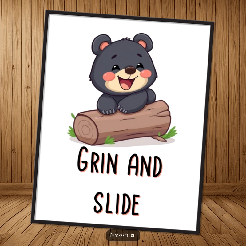 Funny playful black bear cub sliding down a log with a wide grin on a vibrant poster. Joyful and humorous forest wildlife art.
