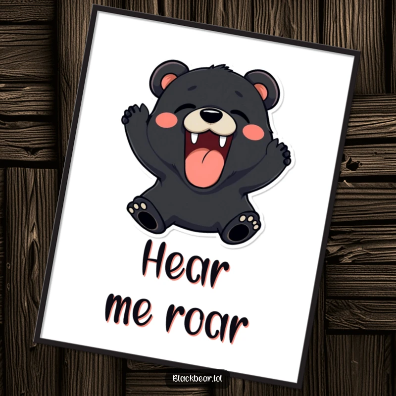 Funny black bear poster roaring playfully with a wide, happy expression, adding cheerful wall art.