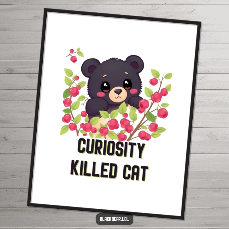 Funny shy black bear peeking from behind a berry bush, wide eyes showing wonder on a vibrant poster. Enchanting forest wildlife art.