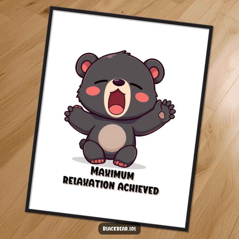 Funny poster art featuring a black bear cub in a huge yawn, stretching a paw, capturing the essence of sleepy bliss.