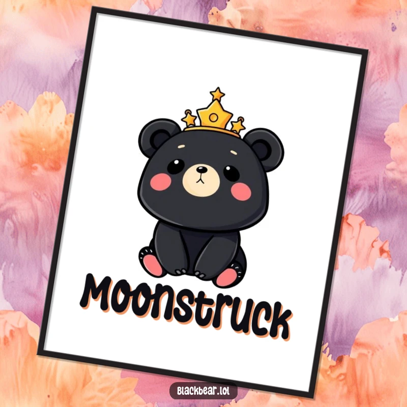 Dreamy poster art of a black bear wearing a crown of stars, looking up at the moon, creating an aura of mystical serenity.