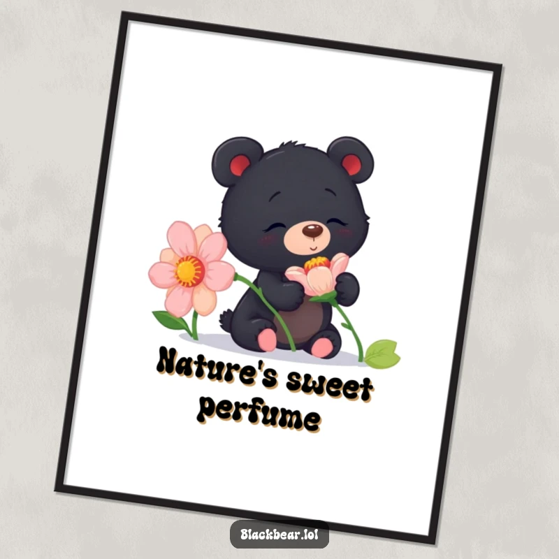 Funny curious black bear cub poster of a cub delightedly sniffing a giant flower, capturing innocence and natural beauty.