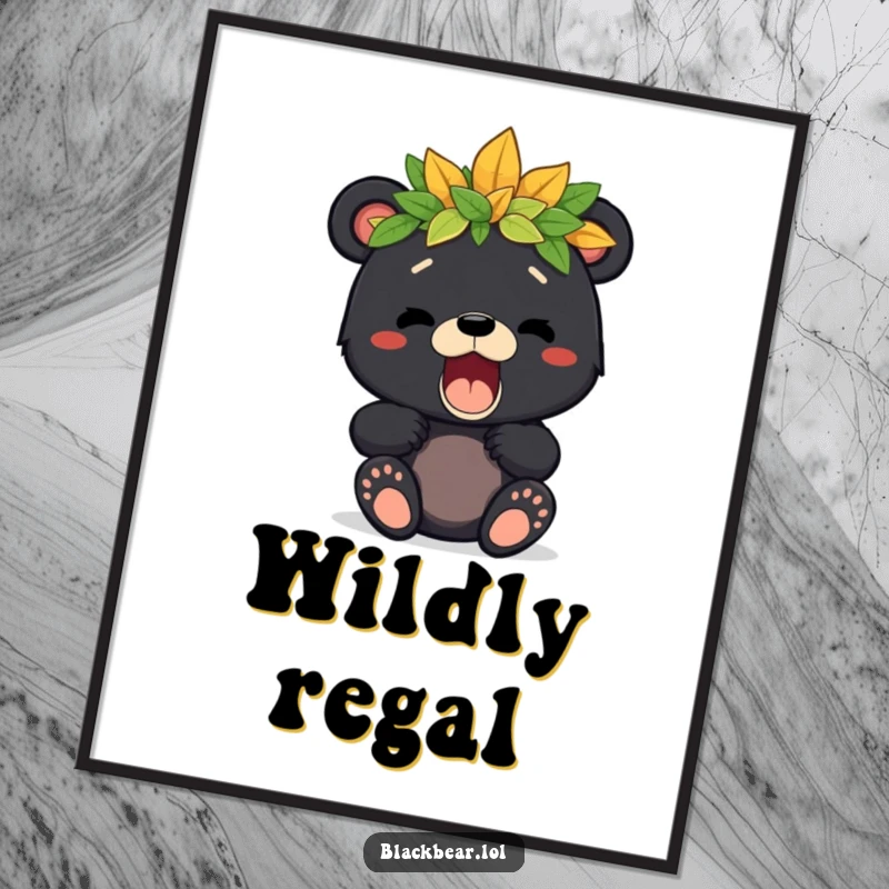 Playful poster art of a cute black bear cub with a leaf crown emitting a small, joyful roar, ideal for whimsical decor.