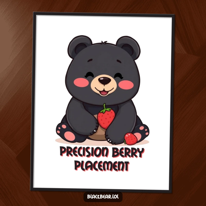 Funny poster of a smiling black bear concentrating on balancing a single berry on its nose, ideal for humorous decor.