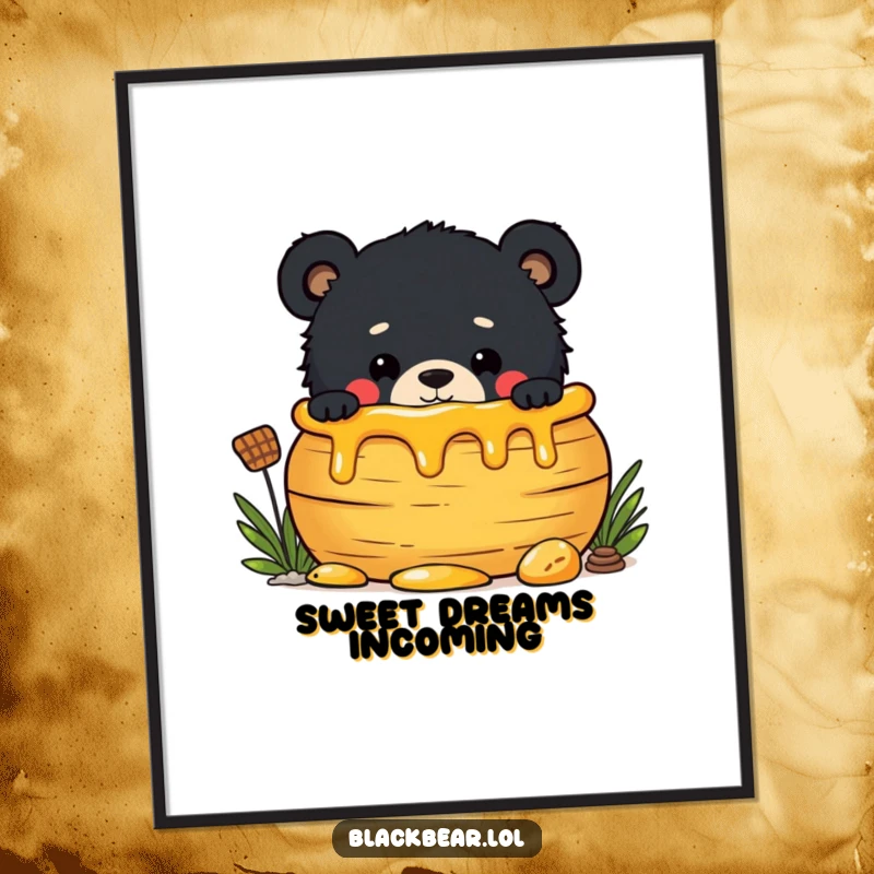 Funny poster featuring a mischievous black bear cub peeking from behind a large, overflowing pot of honey, eyes gleeful.