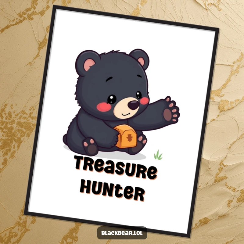 Funny poster capturing a black bear cub's intense concentration as it perfectly balances a sparkling treasure on the tip of its nose.