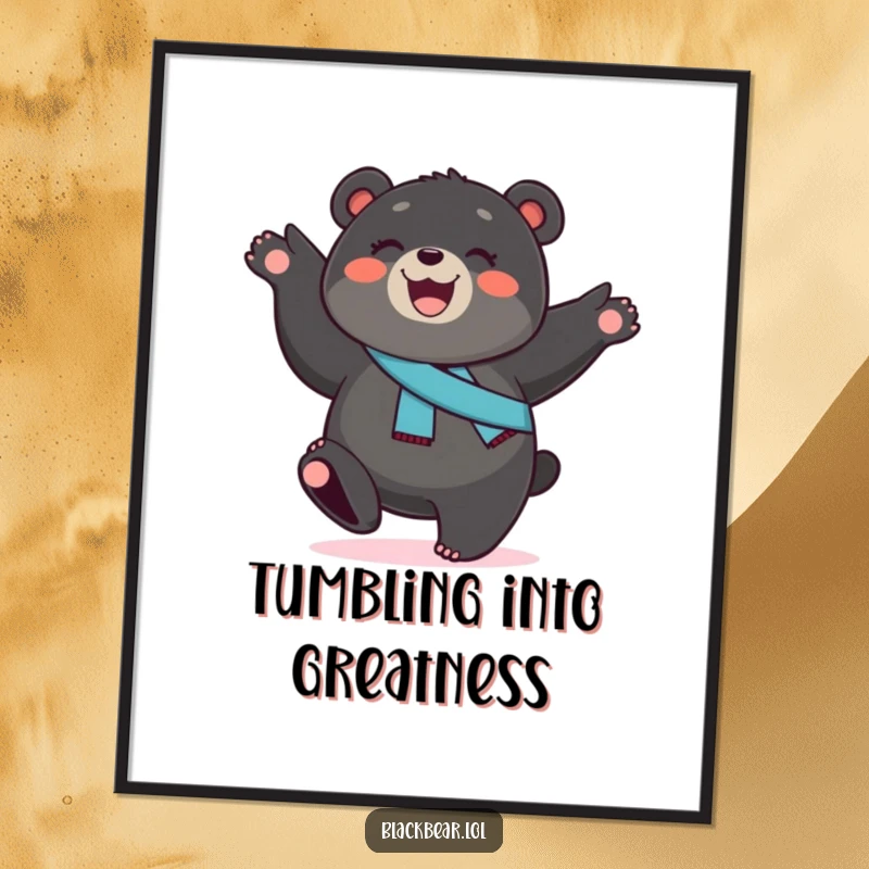 Funny black bear cub poster art, a smiling cub with a sash, performing a cartwheel, adding vibrant energy and playful humor.