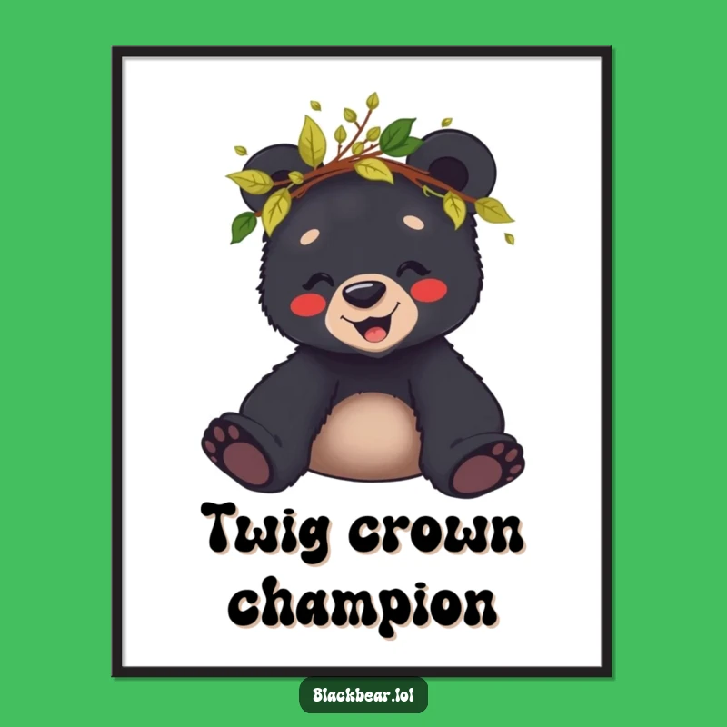 Funny Giggling Bear Cub Leaf Crown Poster - Woodland Wall Art Gift