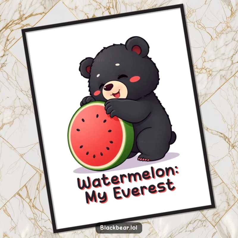 Funny poster of a chubby black bear cub hilariously attempting to climb a big, round watermelon, full of playful effort.
