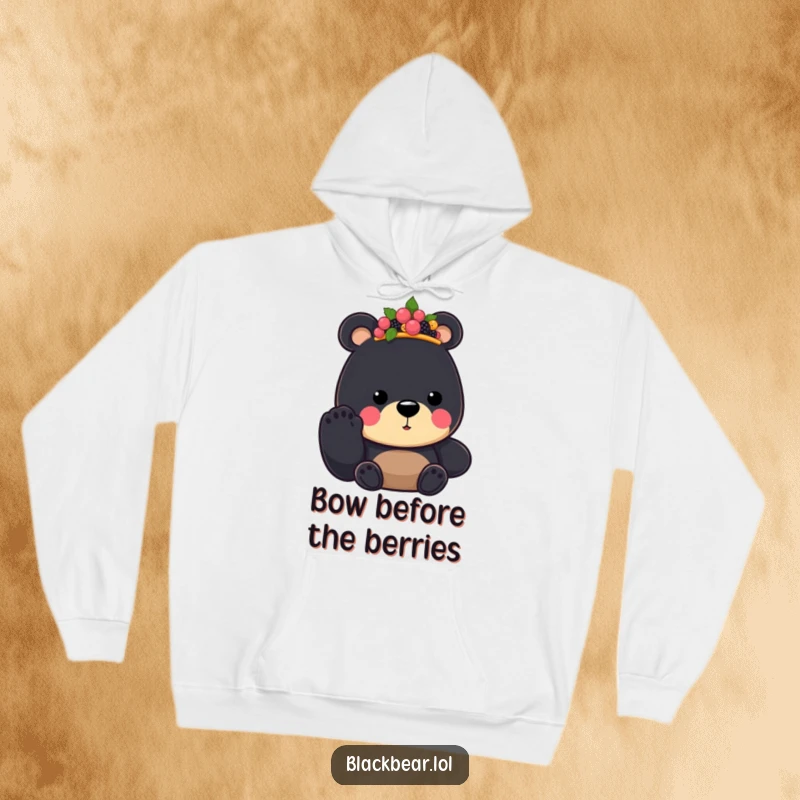Funny Black Bear King Hoodie, adorned with a berry crown, extending a paw in greeting, expressing warmth and playful royalty.